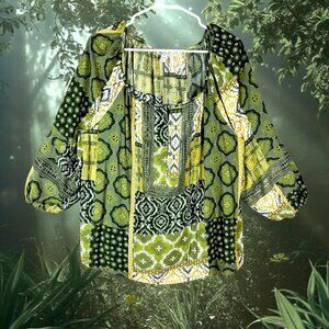 Cato Women's Blouse Size 18/20W Green BohoPrint Light Button Whimsy Peasant